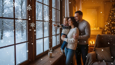 A happy family consisting of a mother, father, and young daughter looks out a large window at the falling snow. A warm, illuminated Christmas tree stands in the background, creating a cozy and festive holiday atmosphere.の素材