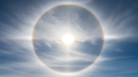A spectacular 22-degree solar halo encircles the bright sun in a wispy blue sky. The optical phenomenon creates a perfect ring of light, caused by ice crystals in high-altitude cirrus clouds.の素材
