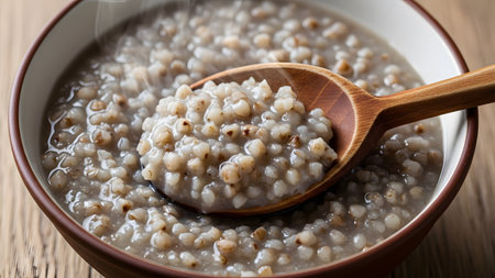 A close-up of a bowl filled with a hearty grain porridge or soup, likely sorghum or barley, with a wooden spoon resting in it. Steam rises from the hot dish, suggesting a comforting and healthy meal.の素材