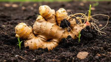 A close-up view of fresh ginger roots emerging from dark, fertile soil. Small green shoots are sprouting from the rhizomes, highlighting the growth process and agricultural nature of the spice.の素材