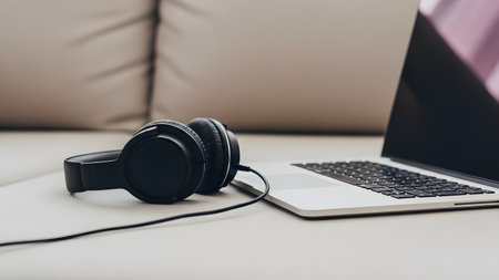 A pair of black wireless headphones rests beside a silver laptop on a soft beige sofa. The composition suggests a relaxed work-from-home setup, leisure time, or a modern digital lifestyle environment.の素材