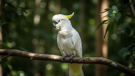 A white Sulphur-crested Cockatoo perched on a tree branch in a dense forest. The bird is looking to the side, showcasing its yellow crest and curved beak against a dark green bokeh background.の素材