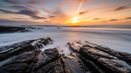 A dramatic seascape at sunset featuring silky, long-exposure waves flowing over dark coastal rocks. The sky is filled with warm, colorful clouds reflecting over the misty ocean surface.の素材
