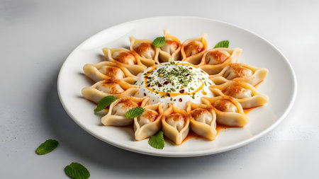 A beautifully plated dish of Turkish manti dumplings arranged in a flower pattern around a center of yogurt and spiced oil. Fresh mint leaves garnish the dumplings, presented on a clean white plate.の素材