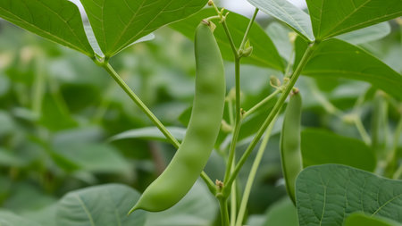 A close-up of a single vibrant green soybean pod hanging from its stem on a leafy plant. The fuzzy texture of the pod is visible against a backdrop of lush green foliage in an agricultural field.の素材