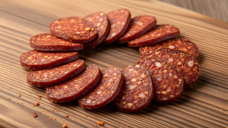 Slices of cured salami or pepperoni sausage are arranged in a neat circle on a wooden cutting board. The rich red meat and white fat textures create an appetizing culinary display.の素材
