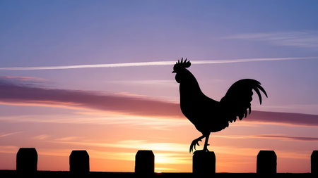 The silhouette of a rooster stands prominently on a fence against a breathtaking purple and orange sunrise. This classic farm imagery symbolizes the start of a new day and rural life.の素材