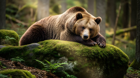 A large brown bear resting its head on its paws atop a moss-covered rock in a dense forest. The peaceful scene captures the animal in a relaxed state within its natural habitat.の素材