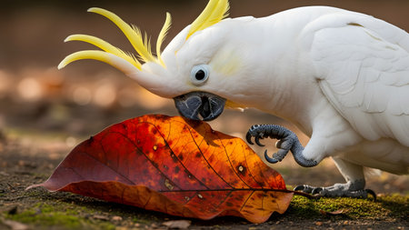 A white Sulphur-crested Cockatoo interacts playfully with a large dry orange leaf on the ground. The bird's yellow crest is raised, and it uses its beak and claw to investigate the leaf in a forest setting.の素材