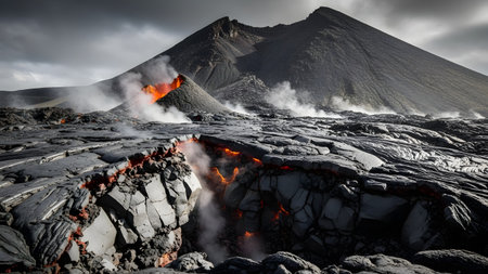 A dramatic landscape of a volcano erupting, with molten lava flowing through fissures in the black rock and smoke rising from the crater.の素材