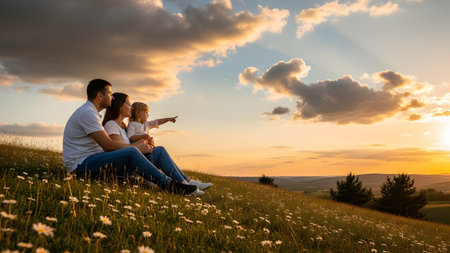 A happy family consisting of a mother, father, and young child sits on a grassy hill watching the sunset. The child points towards the horizon, creating a silhouette against the warm, golden sky.の素材