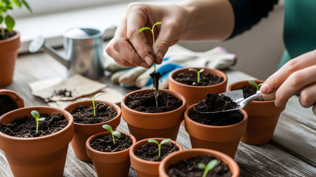 Close-up of hands planting a small green seedling into a terracotta pot filled with soil. The scene depicts gardening and growth, with other potted plants and gardening tools visible on a wooden table.の素材