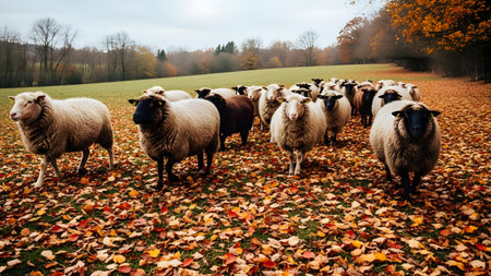 A flock of sheep with thick wool walking towards the camera in a grassy field covered with fallen orange autumn leaves.の素材