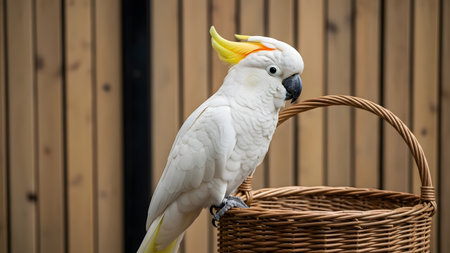 A beautiful Sulphur-crested Cockatoo perched on the rim of a brown wicker basket. The bird displays its yellow crest and looks attentively to the side against a wooden slat background.の素材
