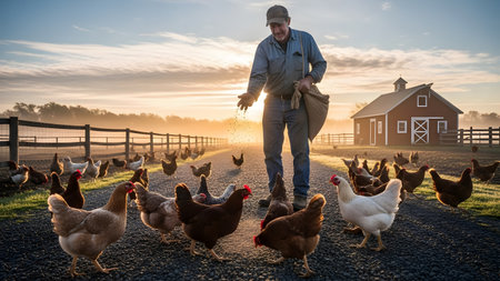 An elderly farmer feeds a flock of chickens on a gravel path during a golden sunrise. A classic red barn and wooden fences are visible in the background, depicting a peaceful morning on a traditional farm.の素材