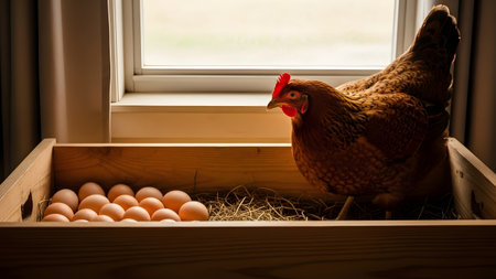 A healthy brown hen stands perched on the edge of a wooden crate filled with fresh brown eggs near a sunlit window. The scene represents organic farming and fresh, home-laid poultry production.の素材