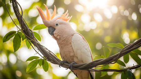A Salmon-crested cockatoo perches gracefully on a vine in a tropical forest. The bird's soft pink plumage and expressive crest are highlighted against a beautiful, sunlit green bokeh background.の素材