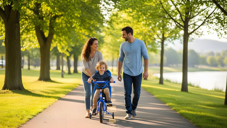 A happy family enjoying a walk in a sunny park, with the father and mother walking beside their young son riding a blue tricycle. The scene radiates joy, bonding, and an active outdoor lifestyle.の素材