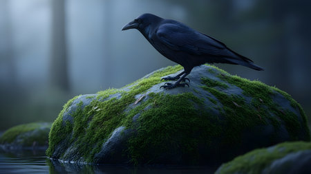 A sleek black raven stands on a moss-covered rock near a body of water. The moody, blue-toned background adds a sense of mystery and wilderness to the wildlife portrait.の素材
