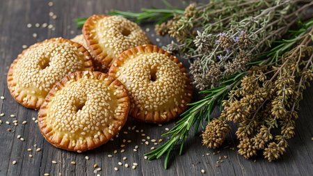 A cluster of golden-brown cookies topped generously with white sesame seeds is arranged on a dark wooden surface. Bundles of dried herbs, such as rosemary or thyme, lie beside the pastries.の素材