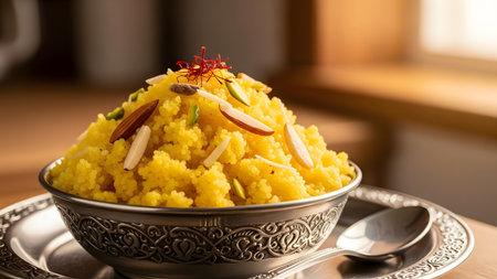 A rich yellow semolina dessert, likely Kesari or Halwa, garnished with saffron strands, almonds, and pistachios in an ornate silver bowl. The sweet dish looks luxurious and festive, perfect for special occasions.の素材