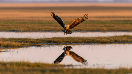 A majestic eagle with spread wings prepares to touch down in a shallow wetland, creating a perfect reflection in the calm water. The golden hour light illuminates the bird and the grassy marsh landscape.の素材