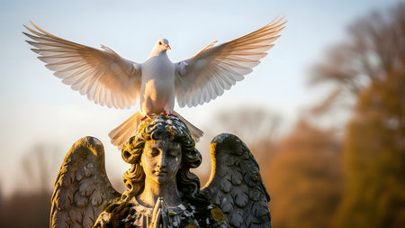 A white dove with wings spread lands gracefully on the head of a weathered stone angel statue. The soft, warm backlighting creates a spiritual and peaceful atmosphere, symbolizing hope and purity.の素材