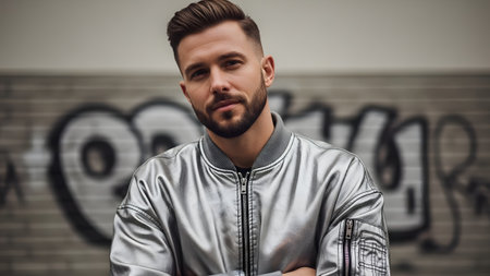 A portrait of a stylish young man with a beard and short haircut, wearing a metallic silver bomber jacket. He stands confidently with arms crossed against a blurred urban background featuring graffiti art.の素材