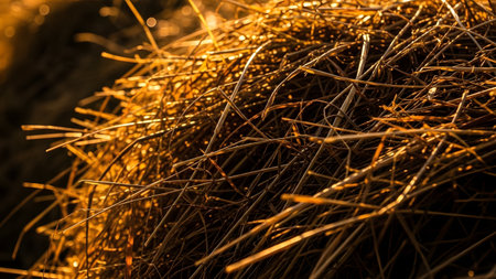 A detailed texture shot of dry hay or straw illuminated by warm, golden sunset light. The backlighting creates a high-contrast effect, emphasizing the chaotic, fibrous pattern of the dried grass, perfect for agricultural or autumnal backgrounds.の素材