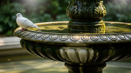A pure white dove perches on the rim of an ornate stone garden fountain filled with water. The sunlight catches the bird's feathers and the mossy details of the classic water feature in a tranquil park setting.の素材