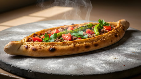 A freshly baked Turkish Pide boat-shaped flatbread topped with minced meat, tomatoes, and peppers steaming on a stone surface. The hot, traditional dish creates an appetizing scene with its crispy crust and savory fillings.の素材