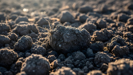 Close-up of rough, plowed soil clods in a farm field, illuminated by warm, low-angle sunlight. The texture of the earth and tiny roots are visible, symbolizing agriculture, planting, and the beginning of a new growing season.の素材