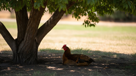 A brown hen rests peacefully in the shade of a tree trunk on a grassy farm. The dappled sunlight filters through the leaves, creating a calm and natural environment for the free-range poultry.の素材