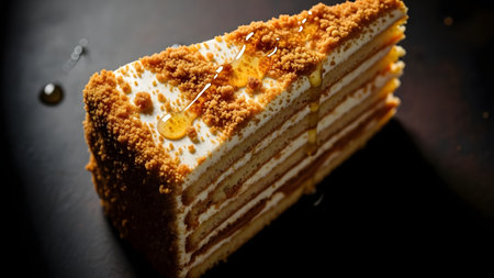 A slice of traditional honey cake (Medovik) featuring multiple thin layers of sponge cake and cream filling, topped with cake crumbs and a drizzle of golden honey. The dessert is presented on a dark background, highlighting its texture and sweetness.の素材