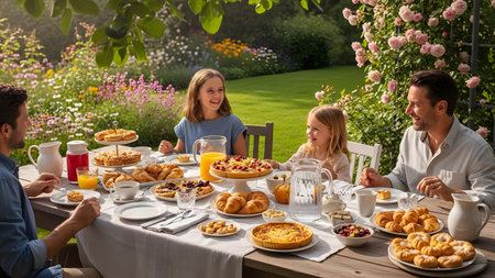 A happy family enjoying a breakfast feast outdoors in a sunny garden. The table is filled with pastries, fruit, and juice, surrounded by blooming flowers, capturing a perfect summer morning.の素材