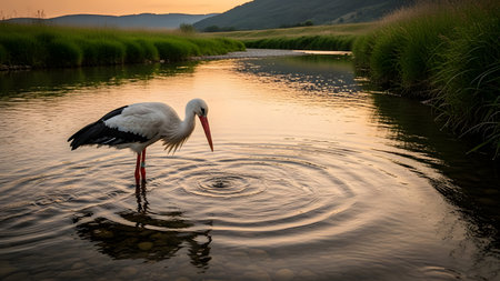 A majestic white stork stands in the shallow waters of a calm river during a golden sunset. The bird's reflection ripples in the water, surrounded by green grassy banks and distant hills, creating a serene natural landscape.の素材