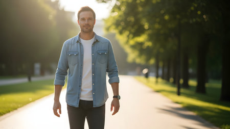 A portrait of a handsome man in a denim shirt and white t-shirt walking along a park pathway during the golden hour. The sunlight creates a warm backlight effect, highlighting his confident expression and the green trees in the blurred background.の素材