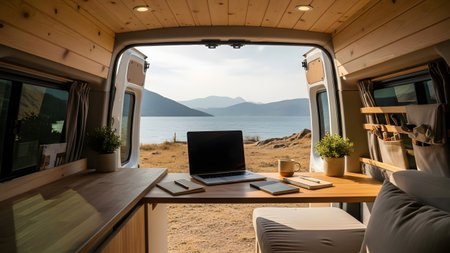 The interior of a camper van converted into a mobile office, featuring a laptop and coffee on a wooden desk. The open rear doors frame a stunning view of a calm lake and mountains, symbolizing the ultimate digital nomad lifestyle.の素材