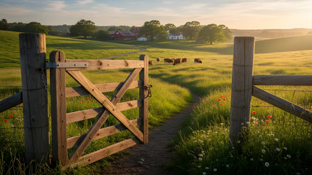 A rustic wooden gate opens onto a lush green pasture with grazing cows and farmhouses in the distance during a golden sunset. The rolling hills and warm lighting create a peaceful and idyllic countryside scene.の素材