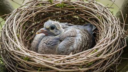 A close-up view of a baby pigeon (squab) sitting in a twig nest high in a tree. The chick has grey downy feathers and large dark eyes, representing new life and nature in an urban or wild setting.の素材