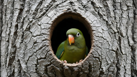 A bright green parrot peeks curiously out of a dark circular hollow in a textured tree trunk. The bird's orange beak and attentive eye contrast with the rough bark, creating a charming wildlife portrait.の素材