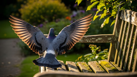 A grey pigeon stands on a wooden park bench with its wings fully spread, displaying its feathers in the warm sunlight. The backlight illuminates the bird's wings, creating a dramatic and beautiful moment in a garden setting.の素材