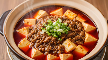 A clay pot filled with spicy Mapo Tofu, featuring soft tofu cubes and minced meat in a vibrant red chili oil sauce. The dish is garnished with fresh chopped green onions and steam rises from the hot, savory Sichuan cuisine.の素材