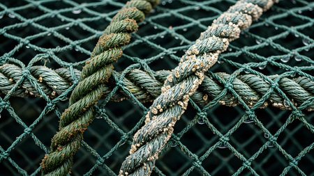 A detailed close-up of green fishing nets and thick twisted ropes adorned with water droplets. The image highlights the texture, weave, and rugged material used in maritime and fishing industries.の素材
