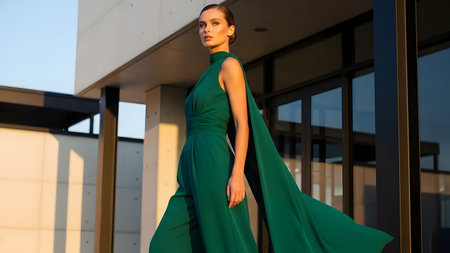 A stunning fashion model poses in a flowing emerald green jumpsuit with a cape, standing before a sleek modern concrete building. The warm golden hour lighting accentuates the elegance of her outfit and the architectural lines.の素材
