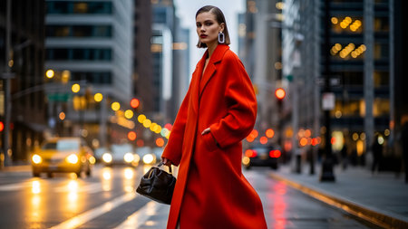 A stylish woman wearing a bold red coat and holding a handbag walks confidently down a wet city street. The blurred urban background with traffic lights enhances the modern, high-fashion aesthetic.の素材