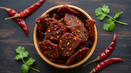 A wooden bowl filled with pieces of spicy beef jerky, seasoned with red chili flakes. Dried red peppers and cilantro garnish the dark wooden table, highlighting the savory and rustic nature of the snack.の素材