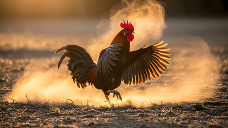 A dynamic shot of a rooster flapping its wings and running across the ground, kicking up dust in the golden sunset light. The backlight illuminates the bird's feathers and the dusty atmosphere, creating a powerful farm life image.の素材