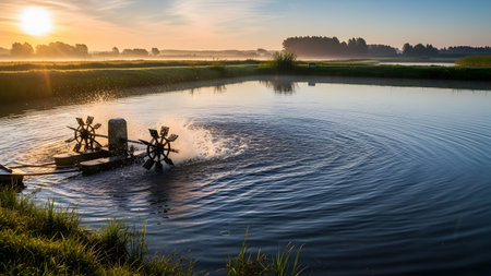 A water wheel aerator splashes water in a fish farm pond during a misty sunrise. The golden light reflects on the rippling water, highlighting the industrial equipment in a rural landscape.の素材
