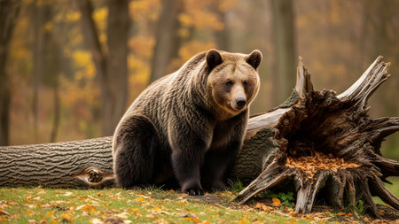 A majestic brown bear sits calmly next to a fallen hollow log in a forest covered with autumn leaves. The bear looks directly at the camera, set against a soft background of woodland trees.の素材